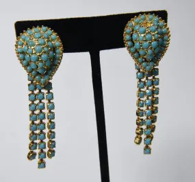 Vintage Gold Tone Faux Turquoise Tassel Clip On Earrings