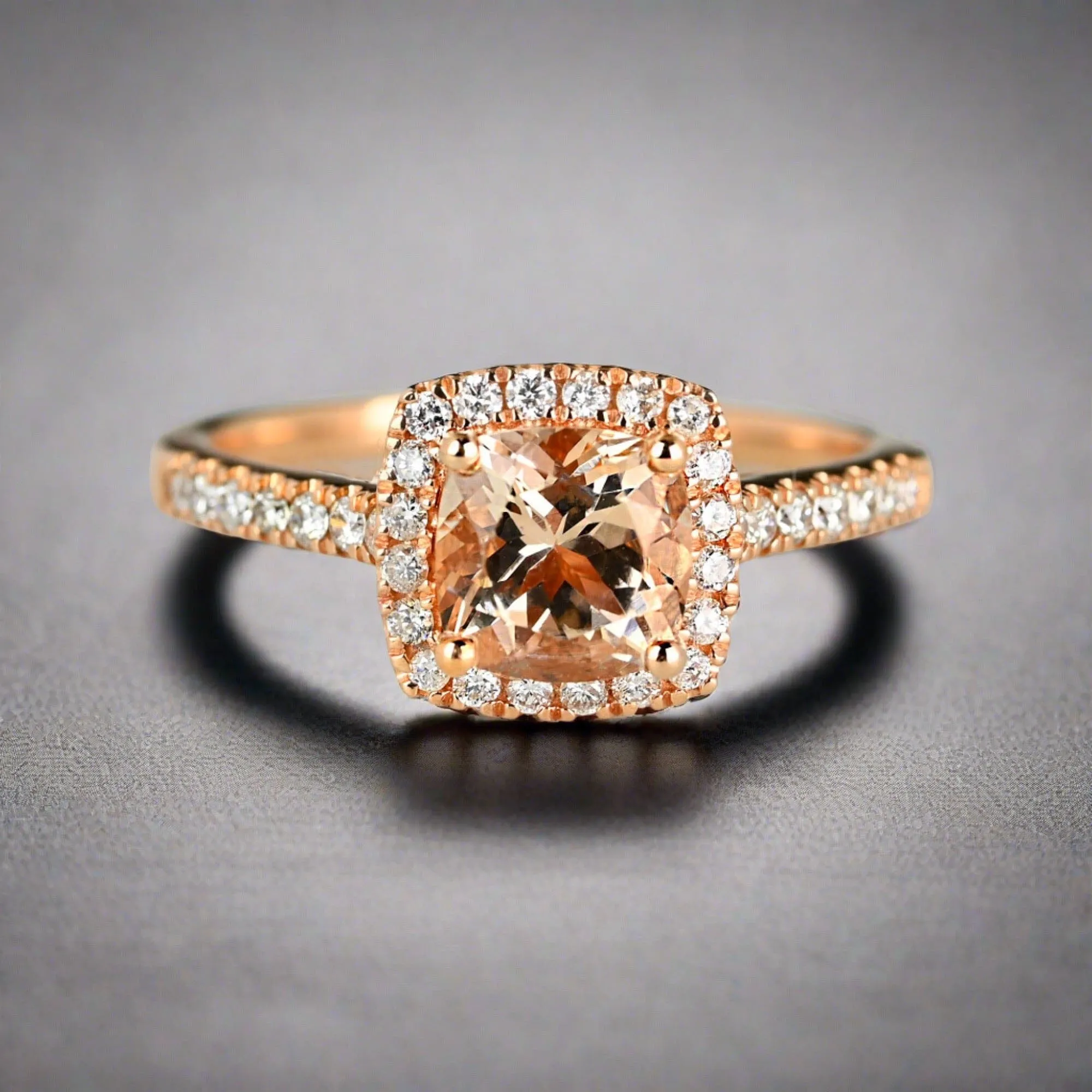 Vintage Rose Gold Diamond Halo Morganite Engagement Ring
