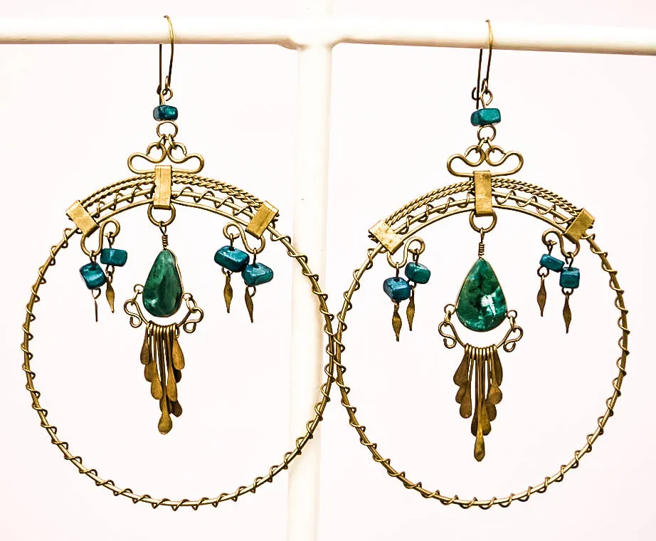 Vintage Turquoise & Brass Hoop Earrings • Gypsy • Boho