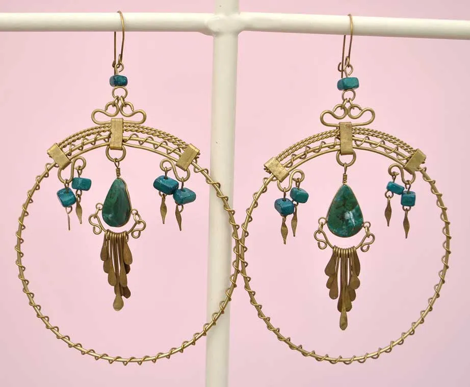 Vintage Turquoise & Brass Hoop Earrings • Gypsy • Boho