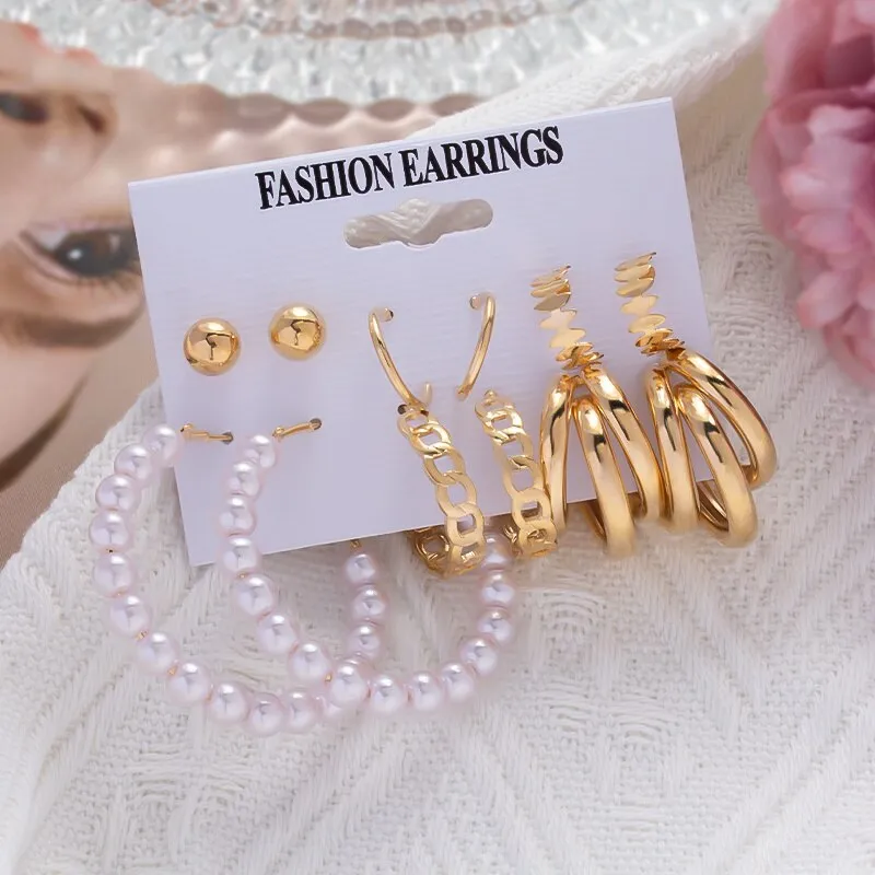 Wenkouban 6Pairs Punk Metal Pearls Big Hoop Earrings for Women Bohomia Gold Color Chain Circle Geometric Drop Earring Fashion Jewelry 2022