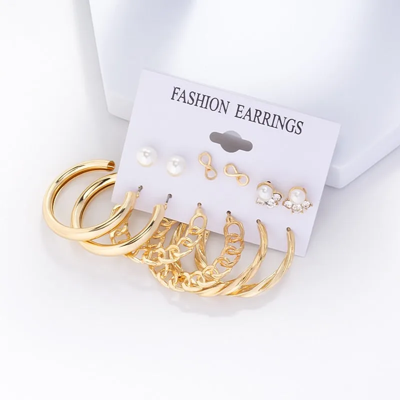 Wenkouban 6Pairs Punk Metal Pearls Big Hoop Earrings for Women Bohomia Gold Color Chain Circle Geometric Drop Earring Fashion Jewelry 2022