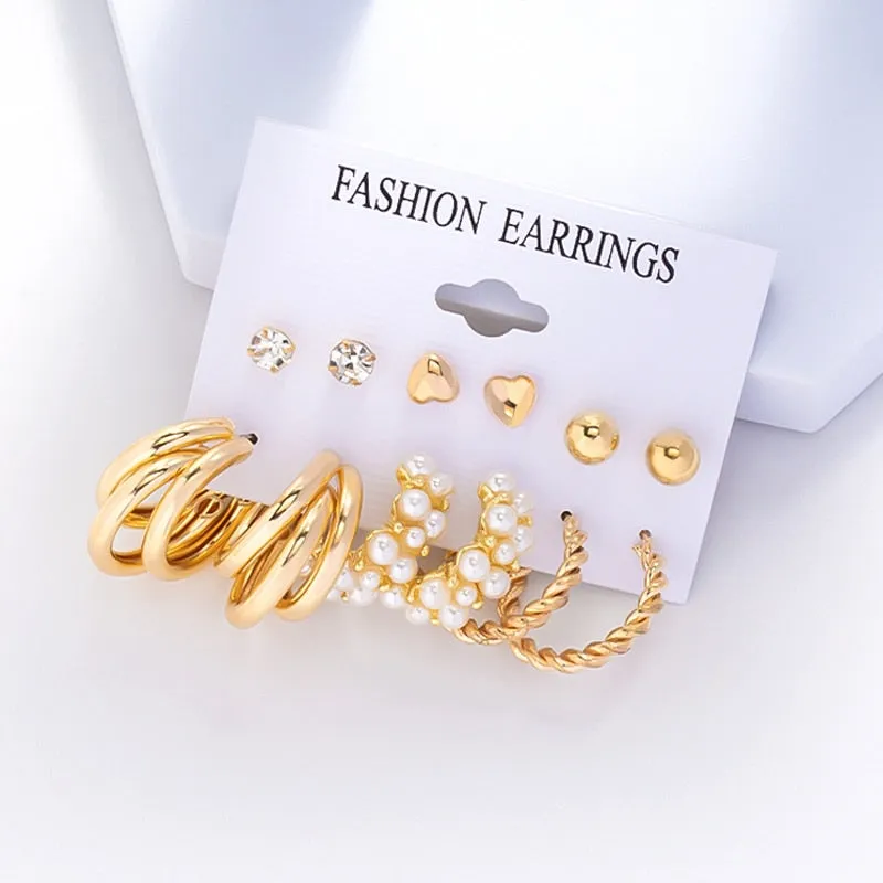 Wenkouban 6Pairs Punk Metal Pearls Big Hoop Earrings for Women Bohomia Gold Color Chain Circle Geometric Drop Earring Fashion Jewelry 2022
