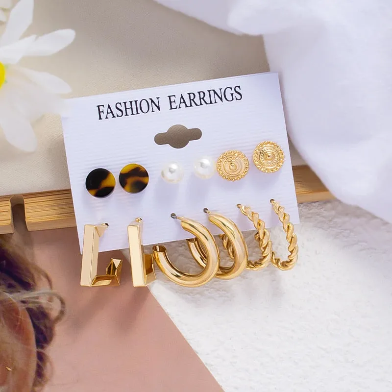 Wenkouban 6Pairs Punk Metal Pearls Big Hoop Earrings for Women Bohomia Gold Color Chain Circle Geometric Drop Earring Fashion Jewelry 2022