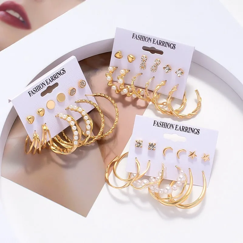 Wenkouban 6Pairs Punk Metal Pearls Big Hoop Earrings for Women Bohomia Gold Color Chain Circle Geometric Drop Earring Fashion Jewelry 2022
