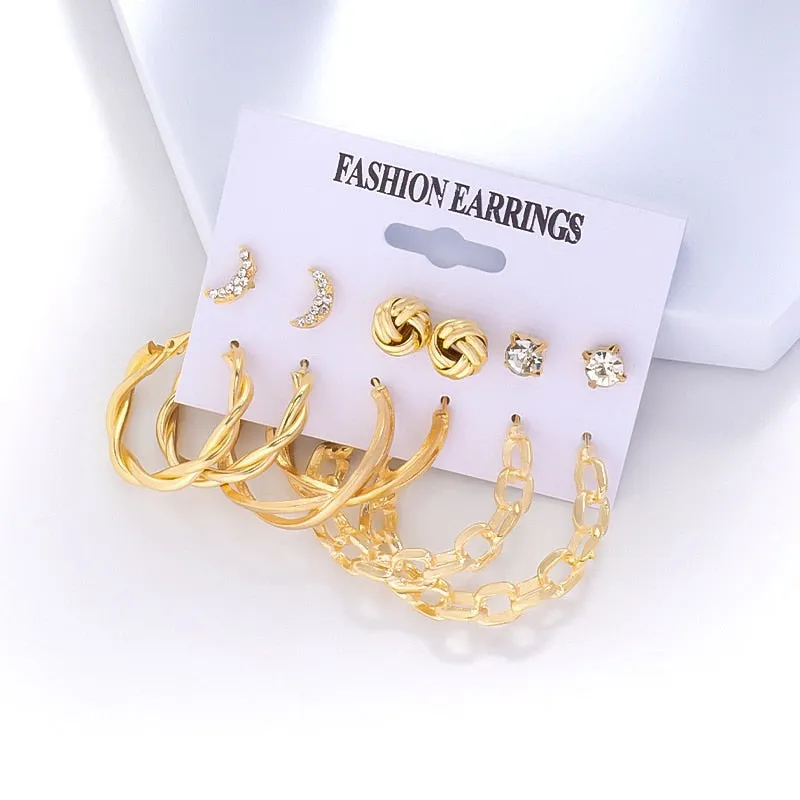 Wenkouban 6Pairs Punk Metal Pearls Big Hoop Earrings for Women Bohomia Gold Color Chain Circle Geometric Drop Earring Fashion Jewelry 2022