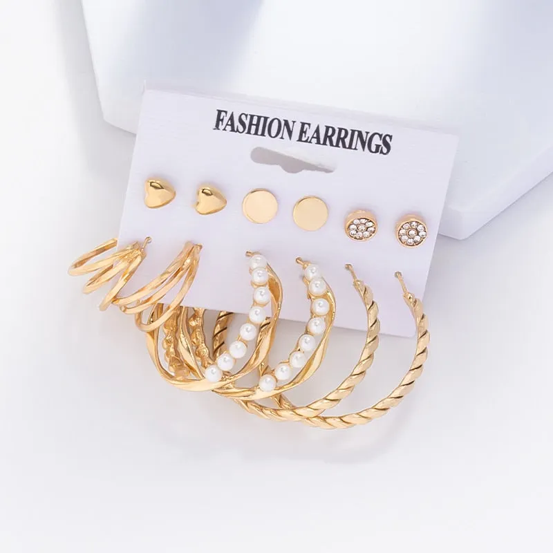 Wenkouban 6Pairs Punk Metal Pearls Big Hoop Earrings for Women Bohomia Gold Color Chain Circle Geometric Drop Earring Fashion Jewelry 2022