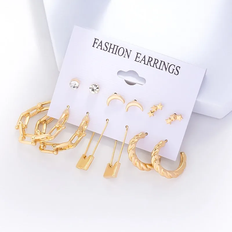 Wenkouban 6Pairs Punk Metal Pearls Big Hoop Earrings for Women Bohomia Gold Color Chain Circle Geometric Drop Earring Fashion Jewelry 2022