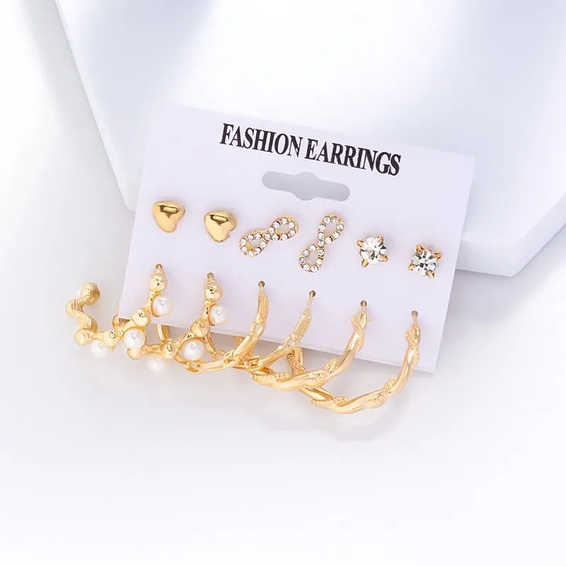 Wenkouban 6Pairs Punk Metal Pearls Big Hoop Earrings for Women Bohomia Gold Color Chain Circle Geometric Drop Earring Fashion Jewelry 2022