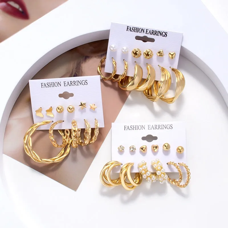 Wenkouban 6Pairs Punk Metal Pearls Big Hoop Earrings for Women Bohomia Gold Color Chain Circle Geometric Drop Earring Fashion Jewelry 2022