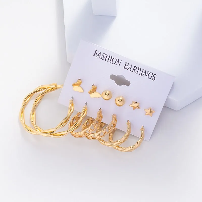 Wenkouban 6Pairs Punk Metal Pearls Big Hoop Earrings for Women Bohomia Gold Color Chain Circle Geometric Drop Earring Fashion Jewelry 2022