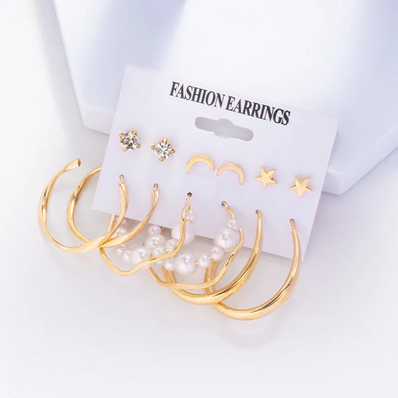 Wenkouban 6Pairs Punk Metal Pearls Big Hoop Earrings for Women Bohomia Gold Color Chain Circle Geometric Drop Earring Fashion Jewelry 2022
