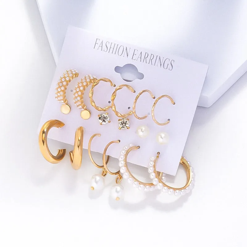 Wenkouban 6Pairs Punk Metal Pearls Big Hoop Earrings for Women Bohomia Gold Color Chain Circle Geometric Drop Earring Fashion Jewelry 2022