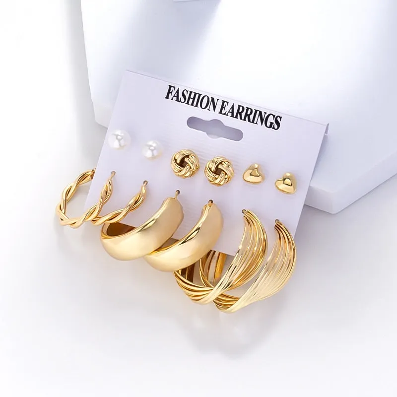 Wenkouban 6Pairs Punk Metal Pearls Big Hoop Earrings for Women Bohomia Gold Color Chain Circle Geometric Drop Earring Fashion Jewelry 2022