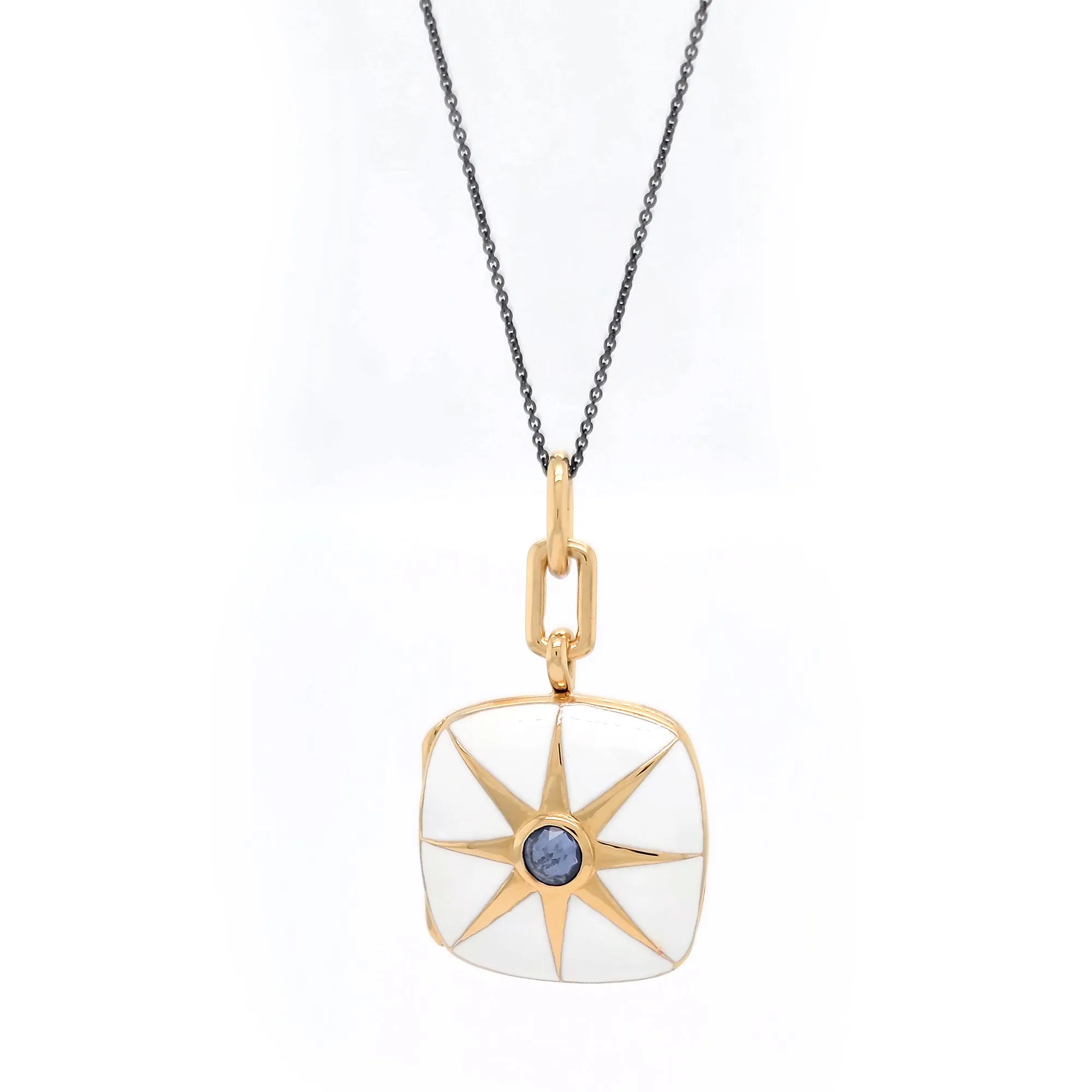 White Enamel Vermeil Cushion Locket with Blue Sapphire