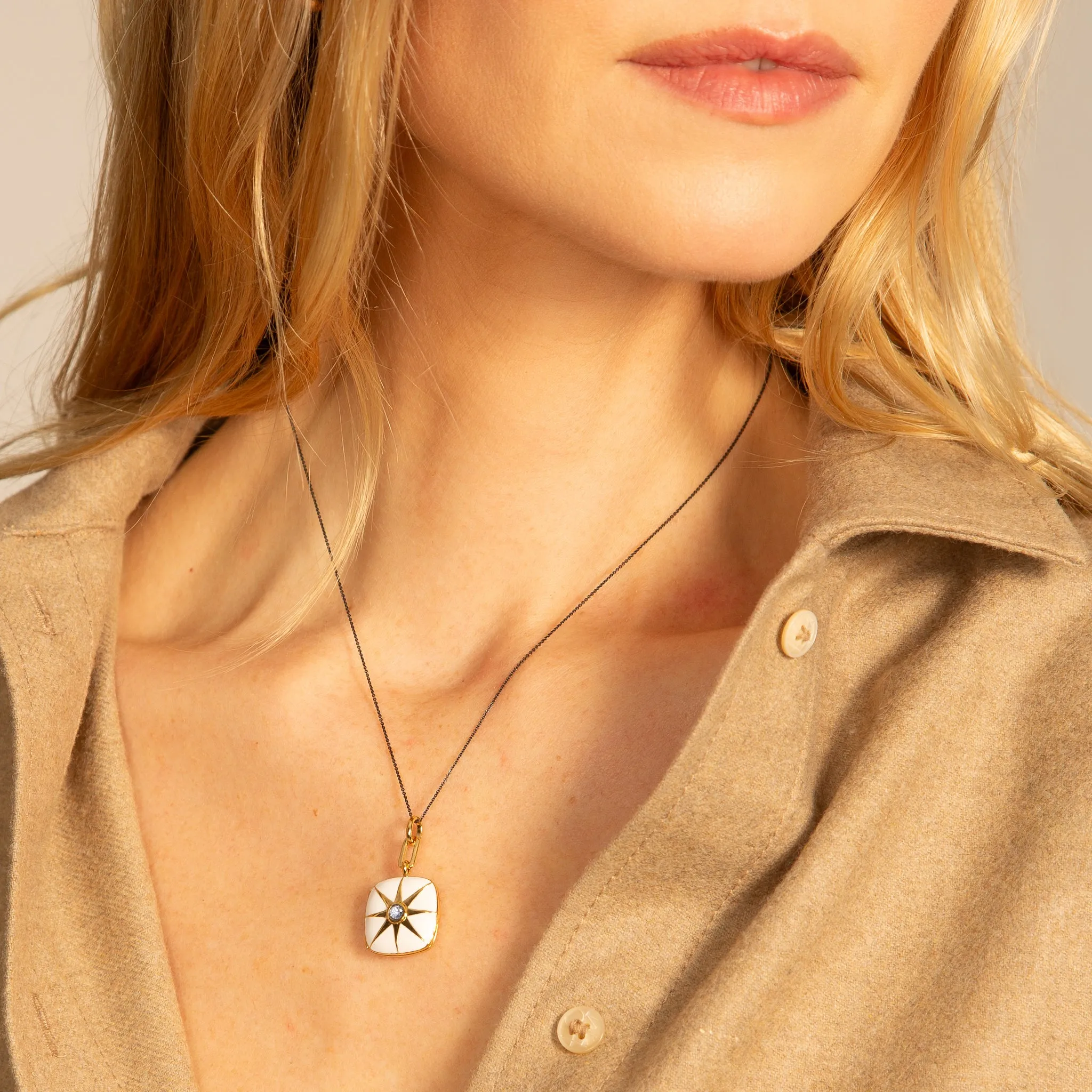 White Enamel Vermeil Cushion Locket with Blue Sapphire