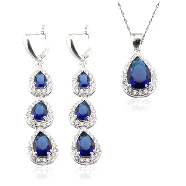 Womens 3 Pc Water Drop Jewelry Set, 925 Sterling Silver, Blue and White CZ