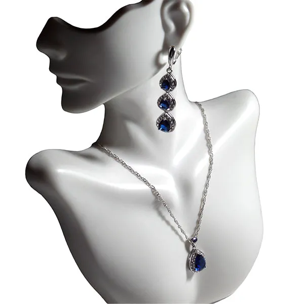 Womens 3 Pc Water Drop Jewelry Set, 925 Sterling Silver, Blue and White CZ