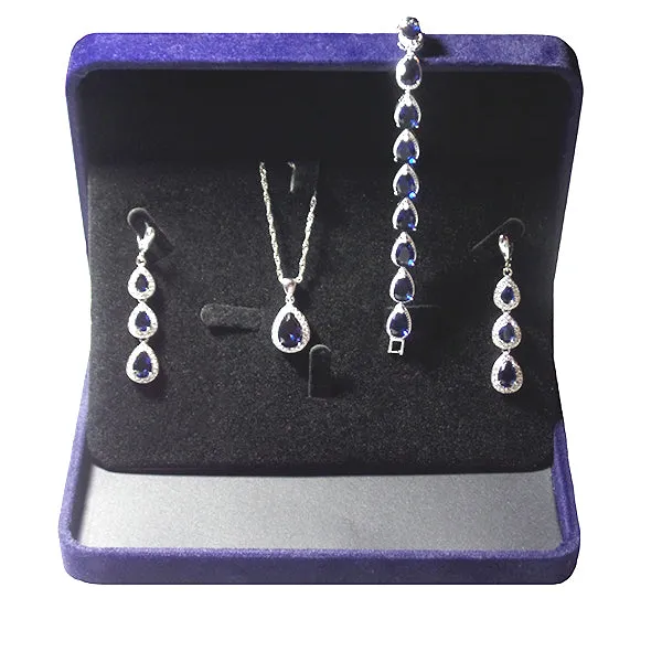 Womens 3 Pc Water Drop Jewelry Set, 925 Sterling Silver, Blue and White CZ