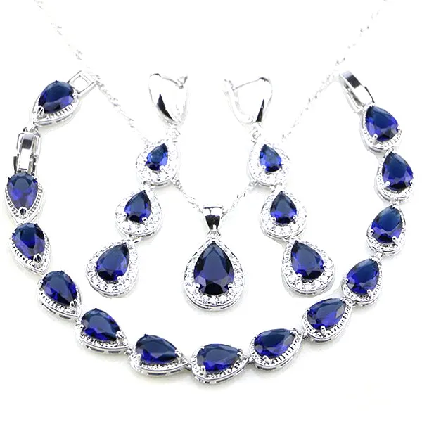 Womens 3 Pc Water Drop Jewelry Set, 925 Sterling Silver, Blue and White CZ